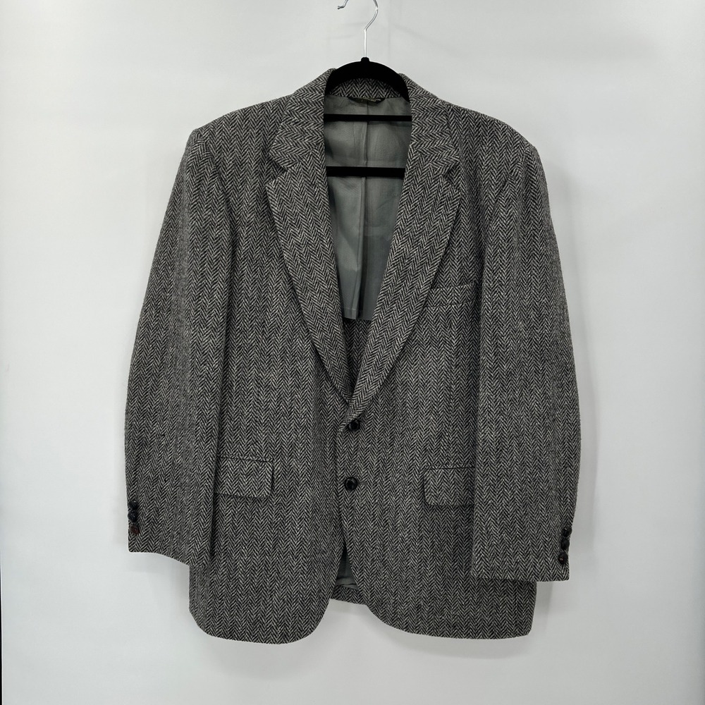 Vintage Harris Tweed Mens Gray Herringbone Wool Blazer Sport Coat 42R USA *